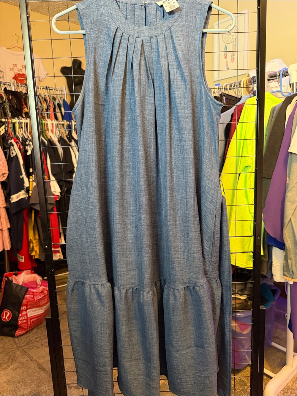 DKNY Sleeveless Chambray Blue Tie-Waist Midi Dress